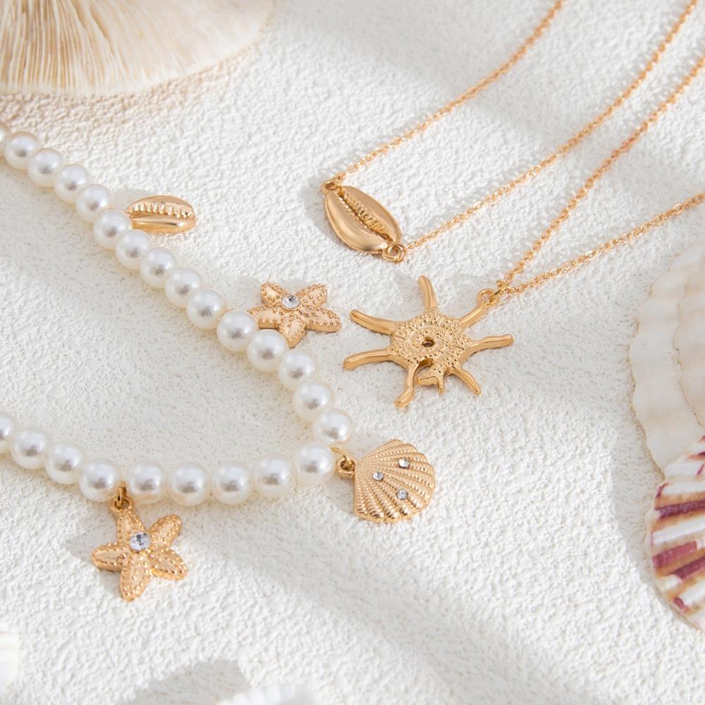 Mulitlayer Bohemia  Pendant Necklace Starfish Shells Imitation  Pearl Necklace  Gifts