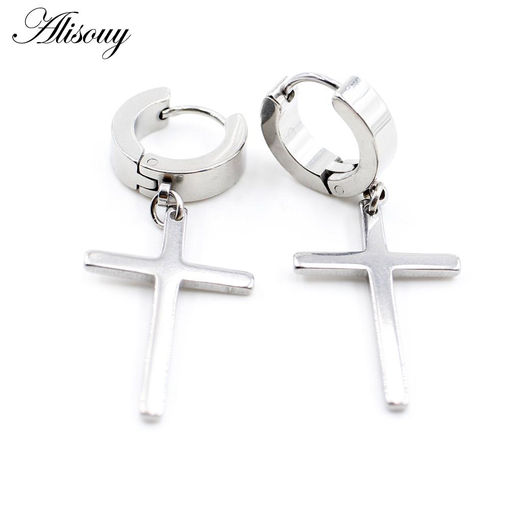 Alisouy 2PCS Stainless Steel Star Cross Snake Spike Skull Sword Blade Chain Feather Spider Dangle Women Men Huggie Hoop Earrings