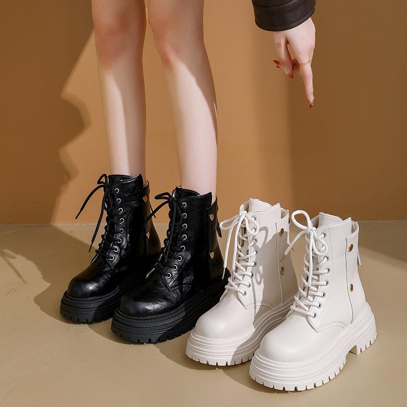 Martin-Stiefel mit dicker Sohle für Damen Herbst und Winter neu niedrigschaftig Reißverschluss hinten Lokomotiv-Damenstiefel mit runder Spitze Stiefeletten für Damen