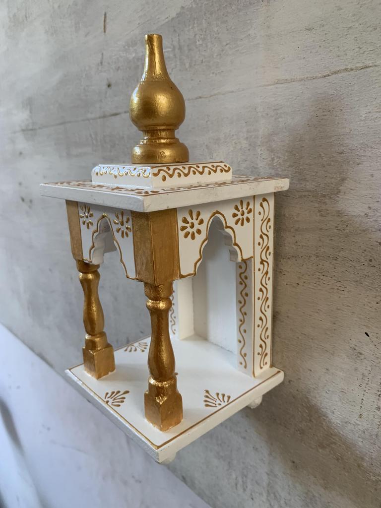 Holztempel für Zuhause | Weiß & Gold Mini Pooja Mandir I Handgefertigter Gebetsschrein