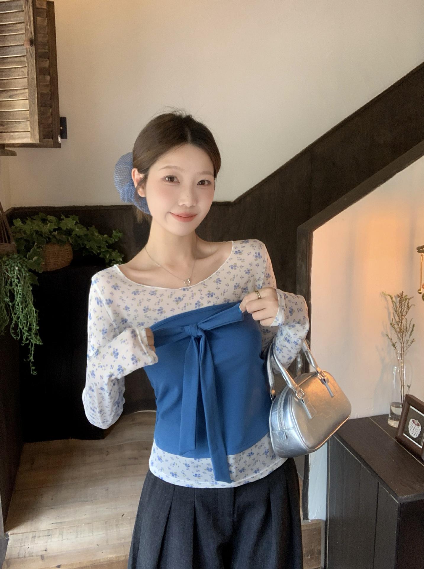 Plus Size Floral Print Korean Style Bow Tie Lace-up Vest Set for Chubby Girls XL