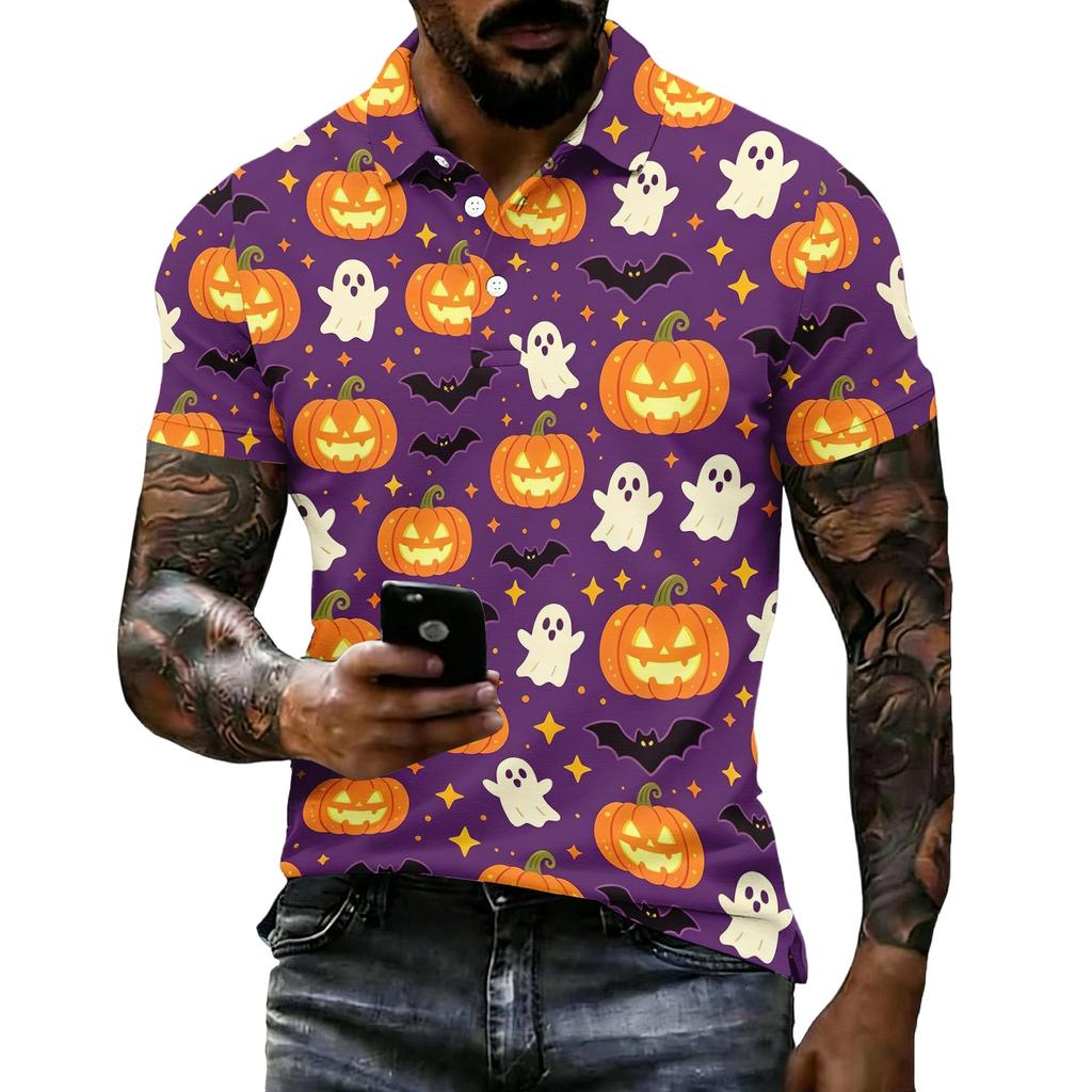 Unisex Loose Fit Casual Short Sleeve Polo Shirt with Halloween Themed Print Pullover Design for Everyday Wear
