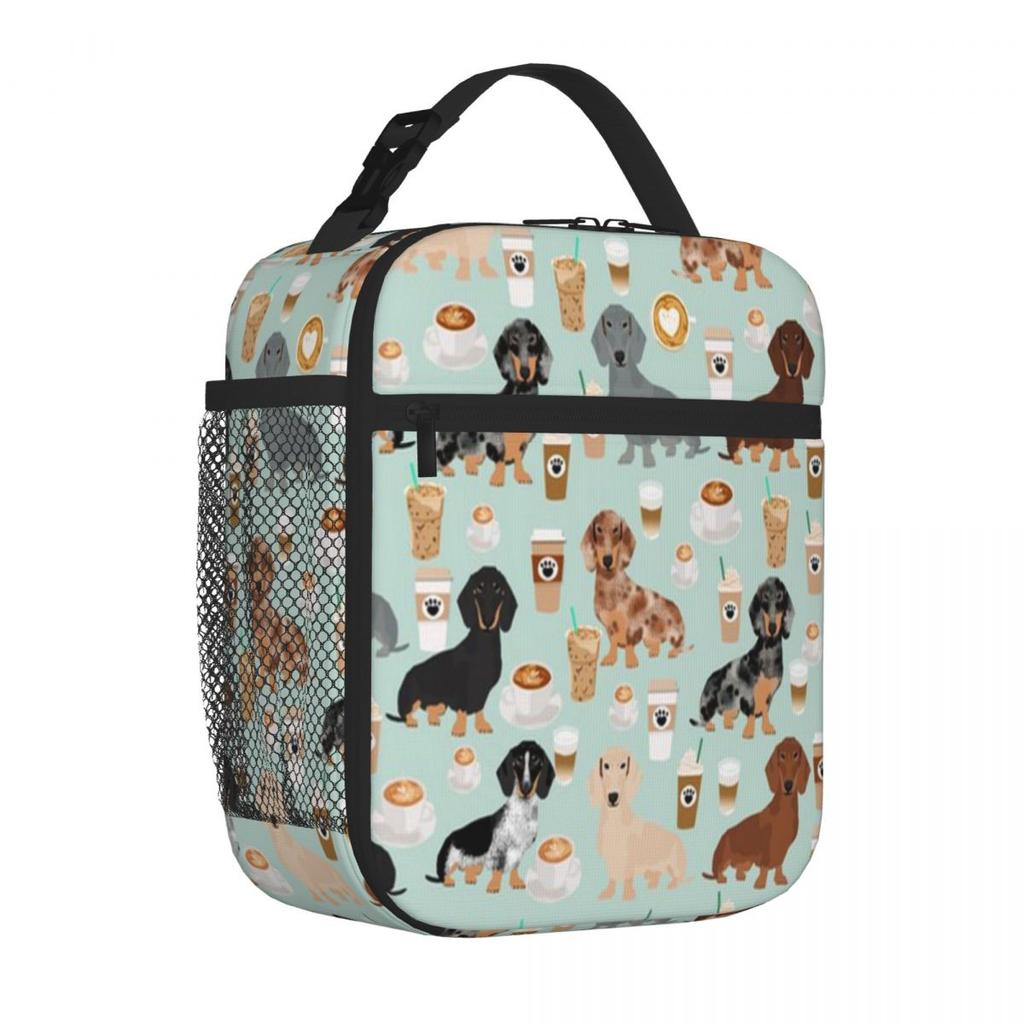 Bestselling Dachshund Dog Cartoon Funny Lunch Denim Style Neoprene Lunch Bag Mini Travel Insulated Tote