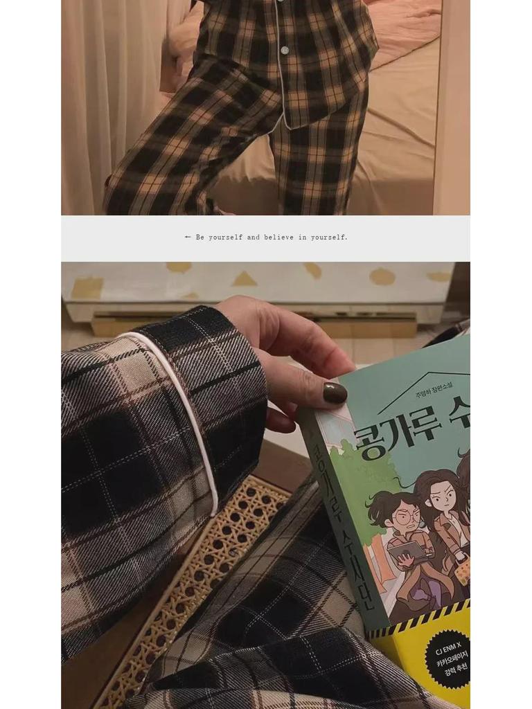 Damski jesienny komplet piżamowy w kratkę: Luźny, wygodny, cienki styl, kardigan z klapami, dwuczęściowy do domu