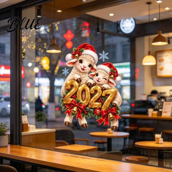 Glass Surface Decorations Sheep Santa Hat 2027 Sticker Christmas New Year Static Window Decal Removable Seasonal Home Decor of The Sticker