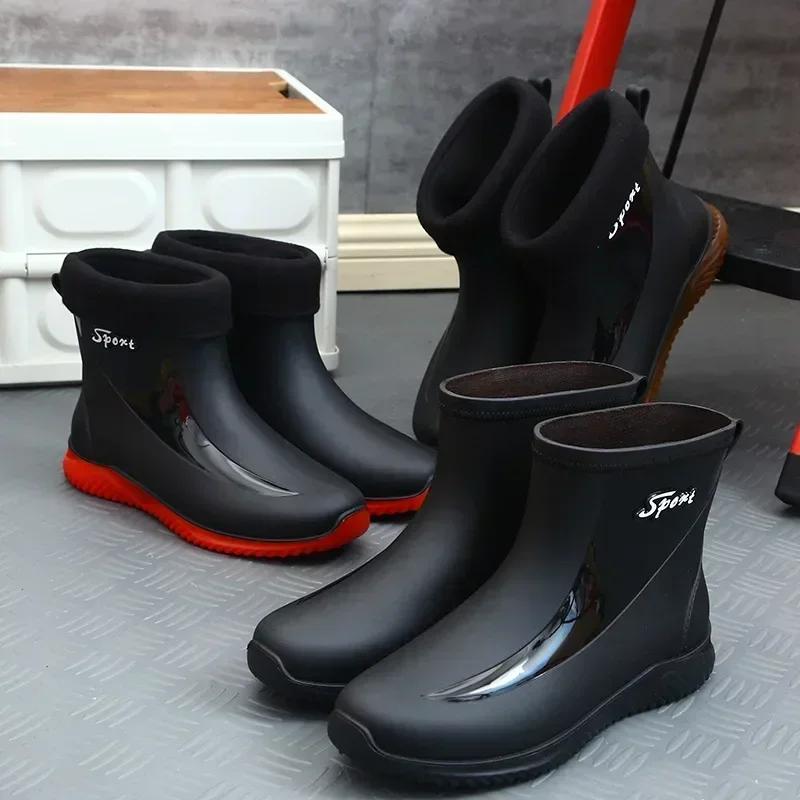 2024 Rain Boots Men's Waterproof Drawstring Rain Shoes Velvet Padded Suit Warm Non-Slip Flat Fashion Take-out Rider Rain Boots
