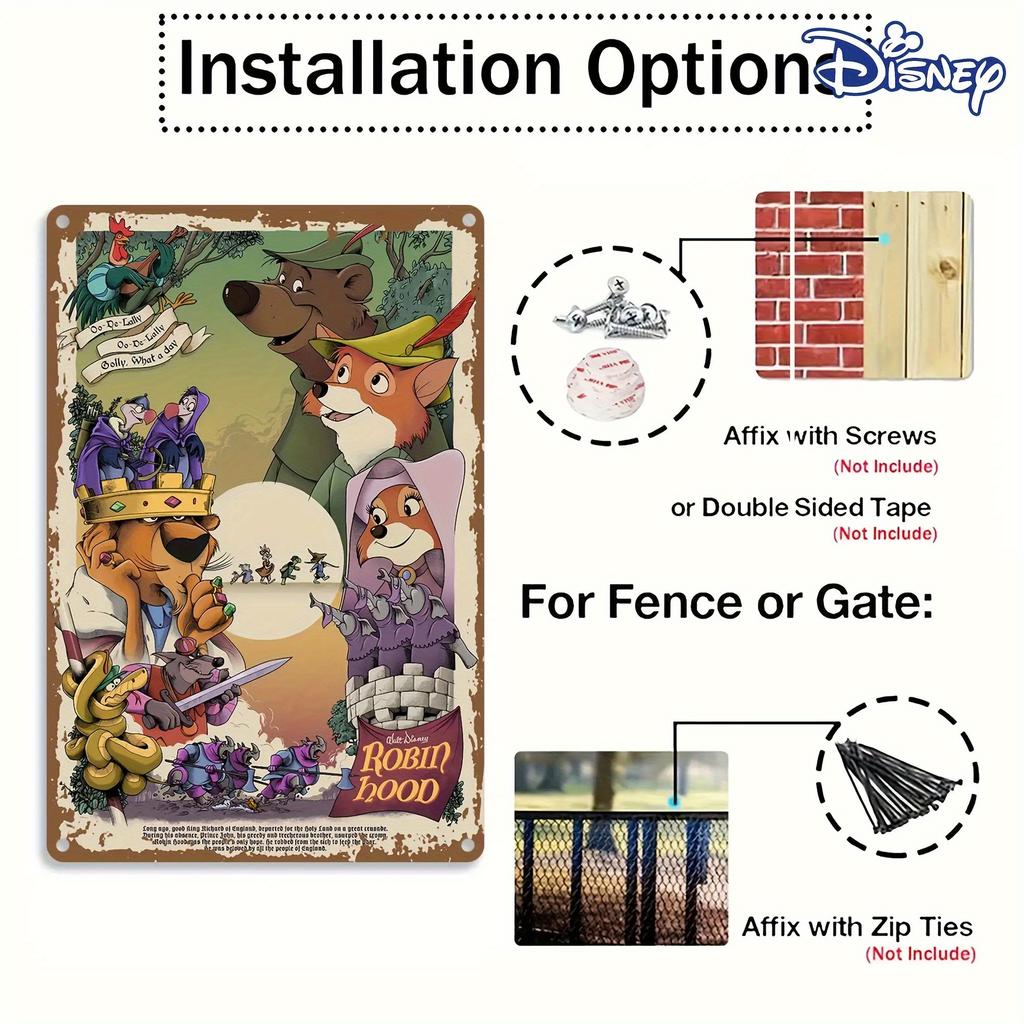 1pc Disney Robin Hood Metal Tin Sign - 20.32cm X 30.48cm Vintage Wall Art with Whimsical Animal Characters, Frameless Motivation