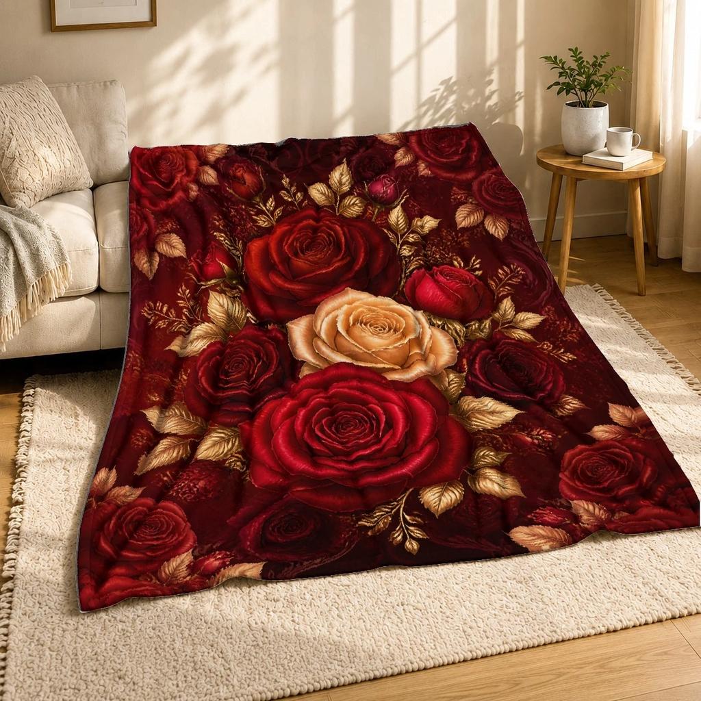 Red Rose Bouquet Gold Leaves Coral Fleece Blanket Floral Decor