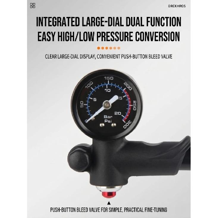 High Pressure Bicycle Pump 300PSI with Gauge Portable Shock Pump for Front Fork Rear Suspension Schrader Presta Valve MTB Road