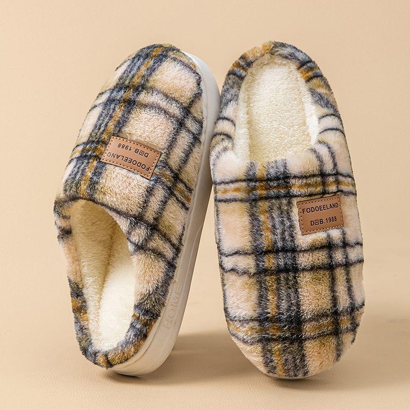Plaid Retro Cotton Slippers Women's Season Indoor Home Warmth Plush Shoes Non-slip Bag Head Couple Cotton Mop