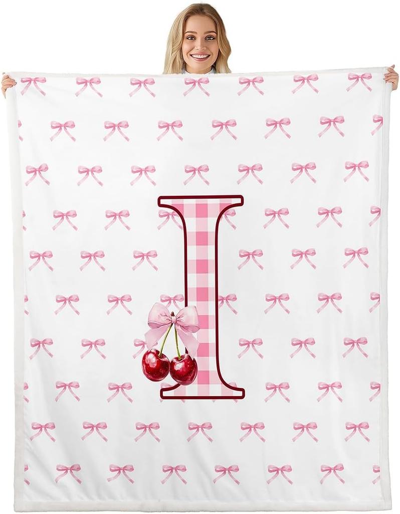 Erosebridal Initial P Letter Bowknot Fleece Blanket Throw Pink Bow Tie Cherry Sherpa Blanket Princess Coquette Decor Fuzzy