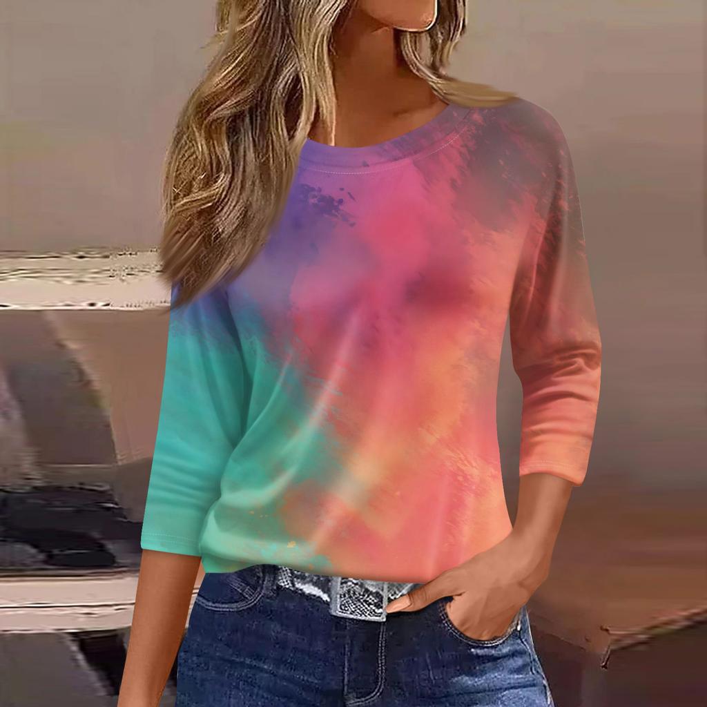 Women's Fashion Casual Round Neck 3/4 Sleeve Loose  Printed T,Shirt Ladies Top