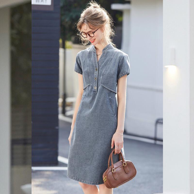Bailuyu Women's V-Neck A-Line Denim Dress with Adjustable Short Sleeves