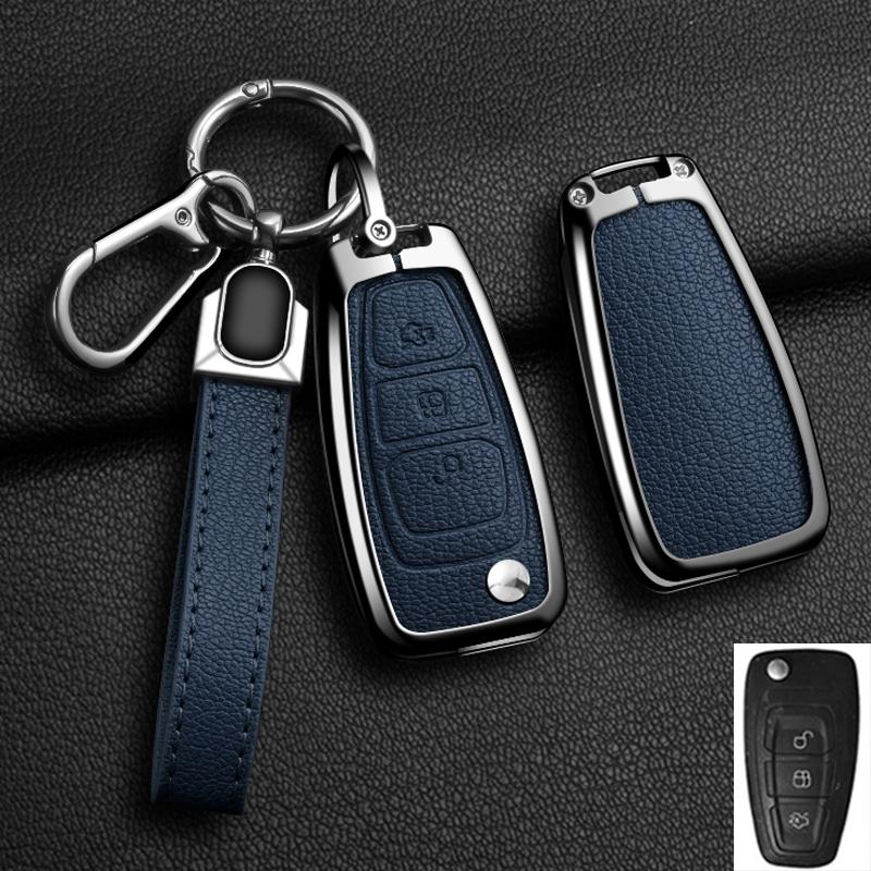 Alloy Genuine Leather Auto Flip Key Fob Cover Case Fit For Ford Fiesta Ranger C-Max S-Max Focus 3 4 Galaxy Mondeo Transit Tourneo Custom Mk4