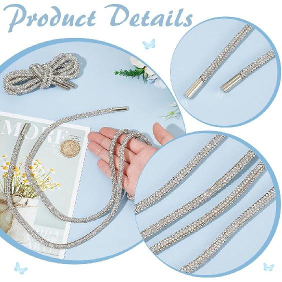 BENECREAT 2Pcs 55inch Rhinestone Glitter String, 6mm Round Diamond Replacement Tube Rope, Crystal Bling Drawstring Cords for Sports Pants, Sweaters,
