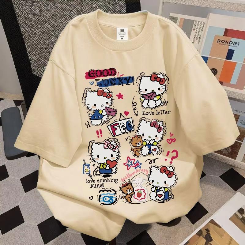2026 Summer Hello Kitty Oversized Tshirt High Quality 100 Cotton Doodle Collage Print Unisex Retro Casual Y2K