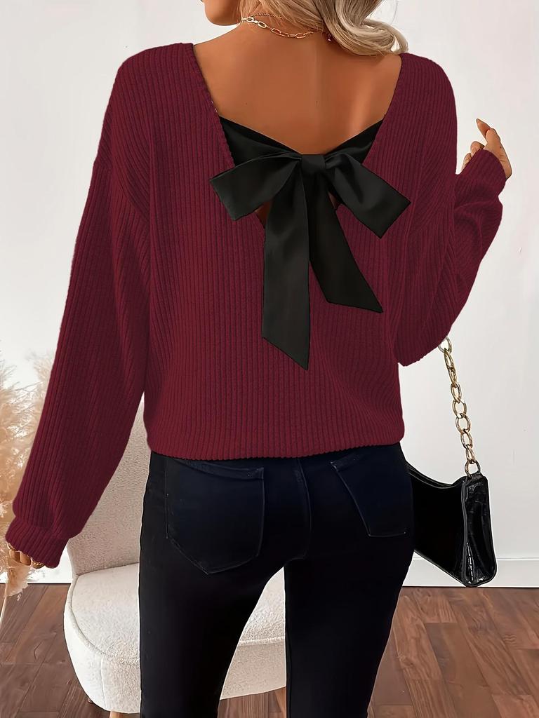 2025 Women's V-neck Solid Color Sweater: European & American Style, Autumn Long Sleeve, Casual Loose Fit with Bowknot