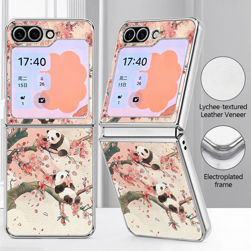 Lovely Baby Panda Print Case For Samsung Galaxy Z FlIP 7 FE 6 5 Z Flip7 Flip6 Flip5 Luxury Plating PC+PU Leather Hybrid Folding Phone Cover