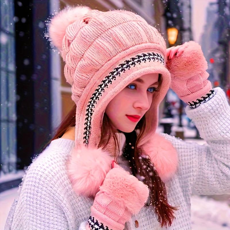 2pcs Women's Winter Hat & Gloves Set - Thick Fleece Lined Soft Fur Trim & Ear Flaps, Elastic Fit for Skiing Outdoor Cold Weather