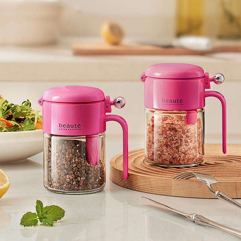 Seasoning Organizer Jars, Glass Containers, Airtight Lid Design, Built-In Spoon Dispenser, Spices Bottles For Pantry Drawer