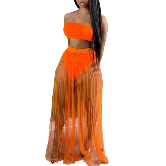 3Pcs/Set Vest Skirt Set Sexy Bandeau Tops High Waist Briefs Mesh Pleated Long Skirt Set Solid Color Outfit