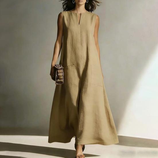 Summer Sleeveless Dress for Women Casual V Neck Long Tank Dress Flowy A-line Beach Sundress with Pockets
