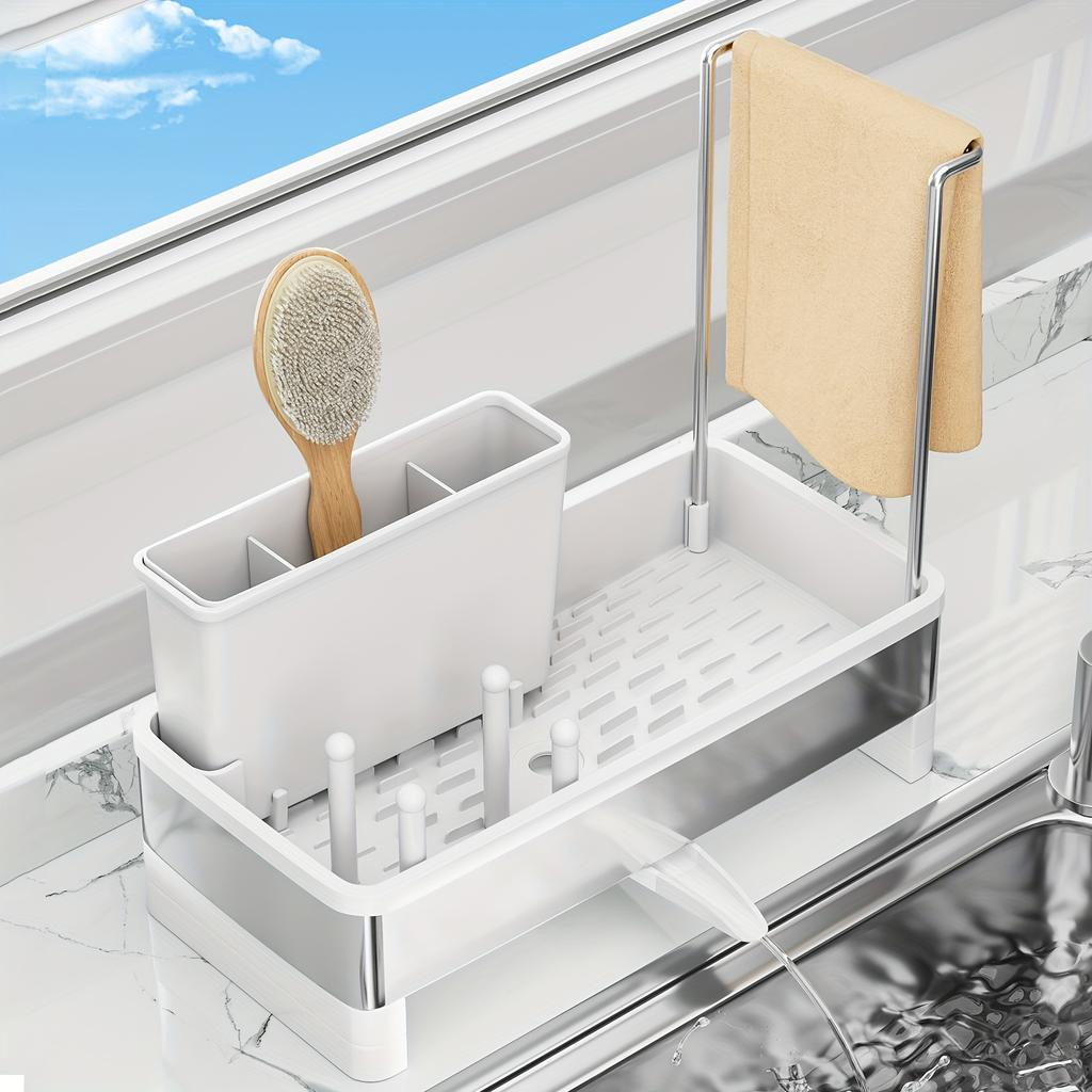 1 buc Suport burete din oțel inoxidabil cu tavă de scurgere - Organizator multifuncțional pentru bucătărie și baie pentru ustensile de curățat, prosoape și perii
