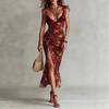 Cross-border Retro Oil Painting Feeling Burgundy Floral Suspender Skirt Romantic Atmosphere Vacation French Dress Bohemian