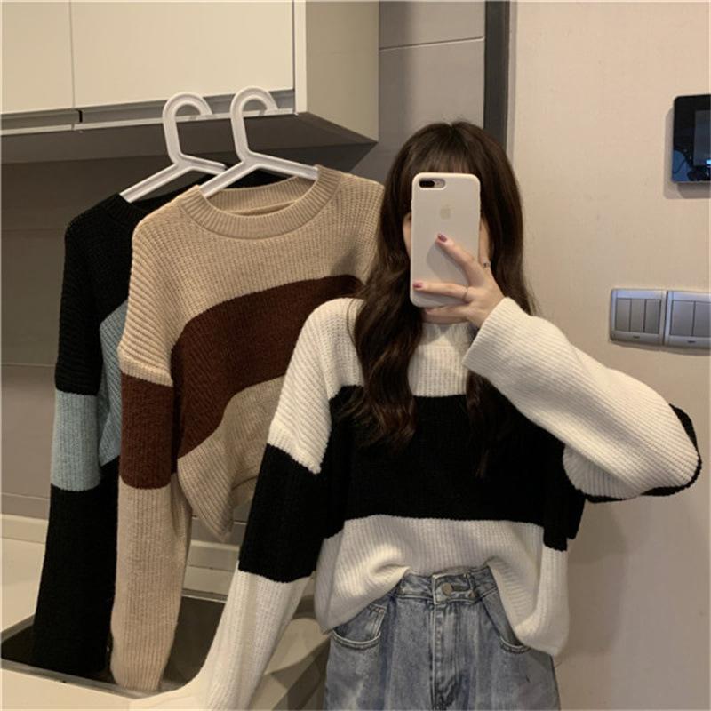 Short Striped Crew Neck Sweater Women's New Autumn Loose Casual Wear Autumn and Winter Long-sleeved Knitted Sweater