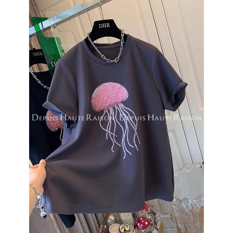 

Толстая Сестра 100.00кг Дизайн Большого Размера Чувство Тяжелая Промышленность Стразы Блестки Футболка с Коротким Рукавом Женская Летняя Свободная Прикрывающая Похудение Топ Dark gray 4XL