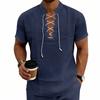 Men's Linen‑Blend Lace‑Up Stand‑Collar Shirt, Crisscross Tie Front V‑Neck, Short Sleeve, Breathable Relaxed‑Fit Medieval Renaissance Casual Summer Top