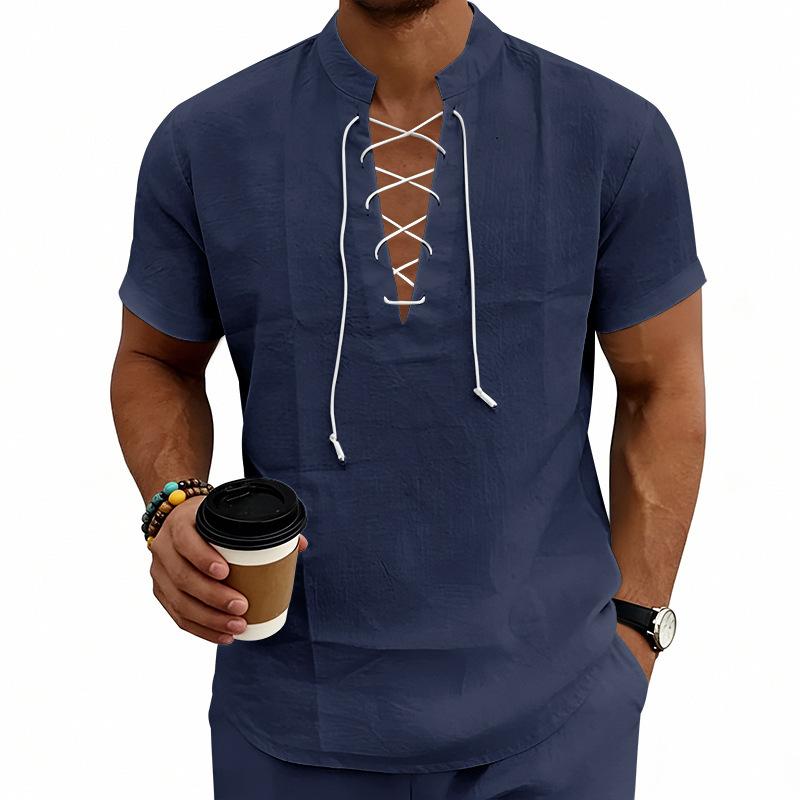 Men's Linen‑Blend Lace‑Up Stand‑Collar Shirt, Crisscross Tie Front V‑Neck, Short Sleeve, Breathable Relaxed‑Fit Medieval Renaissance Casual Summer Top