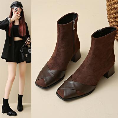 Cowhide Version~~ Maillard Splicing Elastic Short Boots Women's 2025 New Autumn Thick Heel and Ankle Thin Boots Single Boots