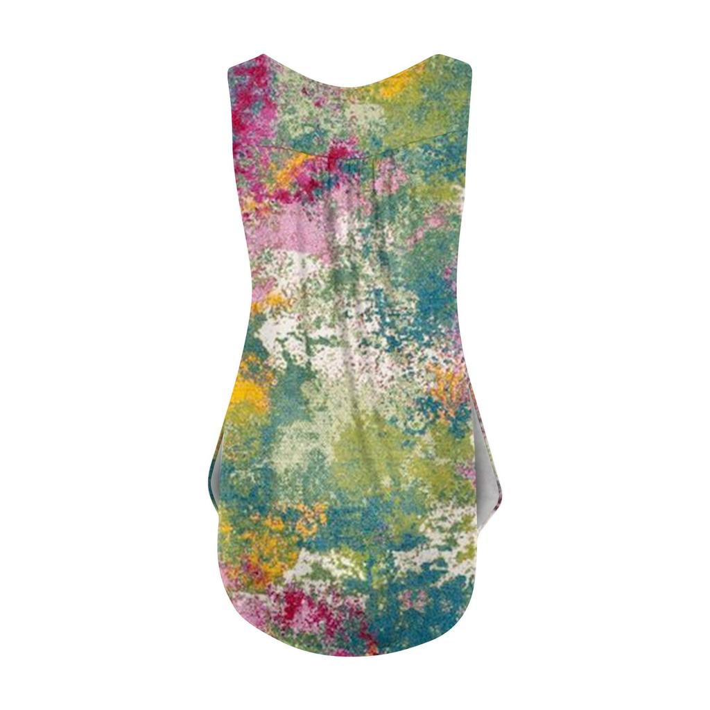 Women's Fashion Floral Printing Pleated Sleeveless Casual T-shirt Vest Button Top