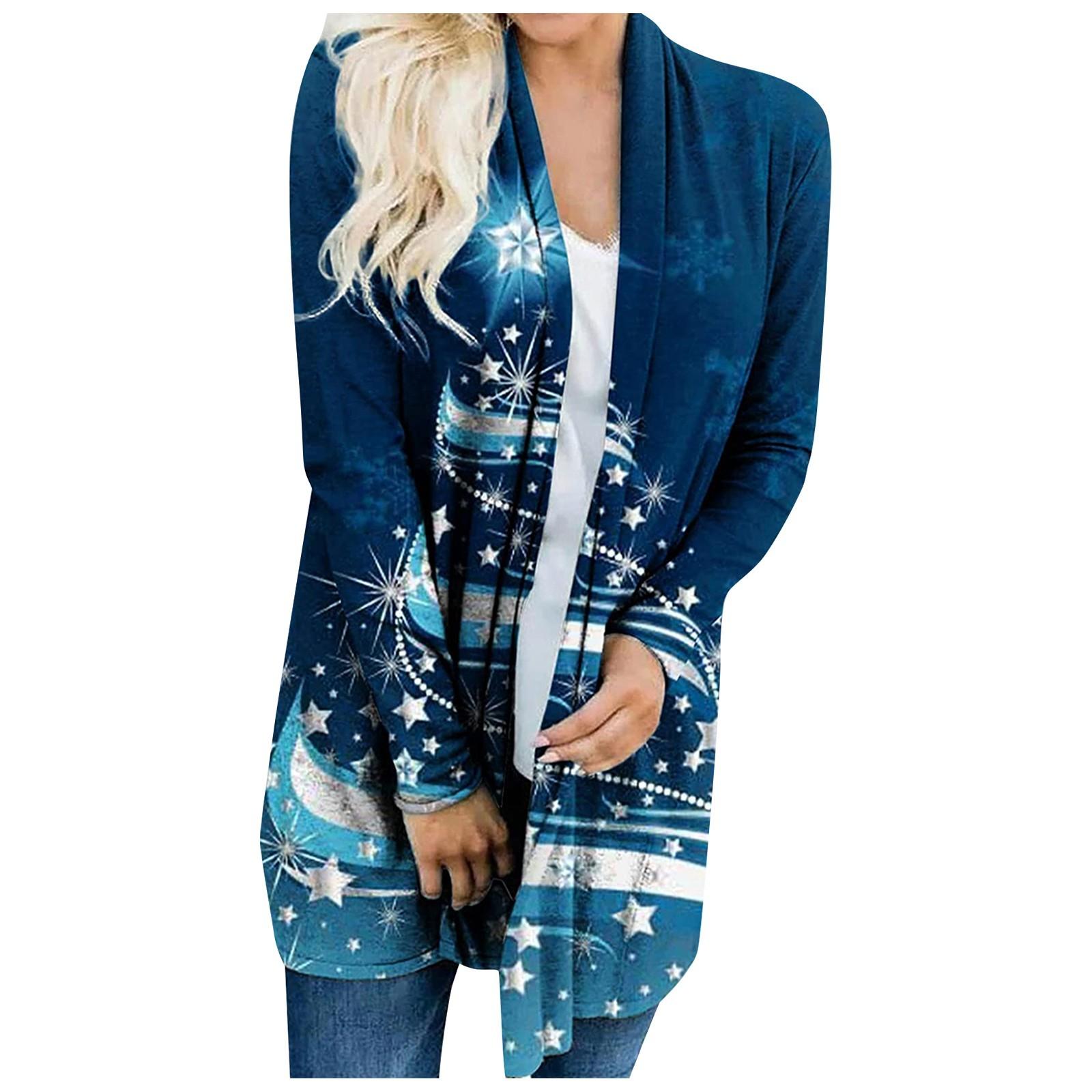 Women s Open Front Cardigan Sweater Lightweight Long Sleeve Christmas Tree Print Casual Outerwear for Fall Winter L синий