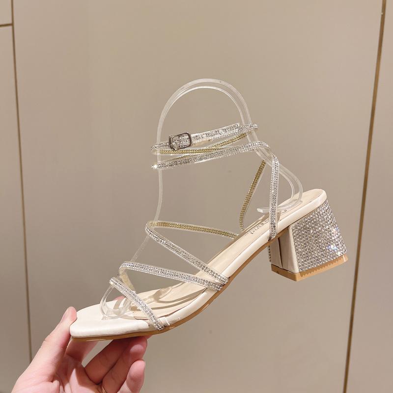 Summer Sandals Women Shoes Beach Sandals Cross Strap Beige Crystal Fashion Square Toe Mules Ladies Outside Zapatillas Mujer Casa