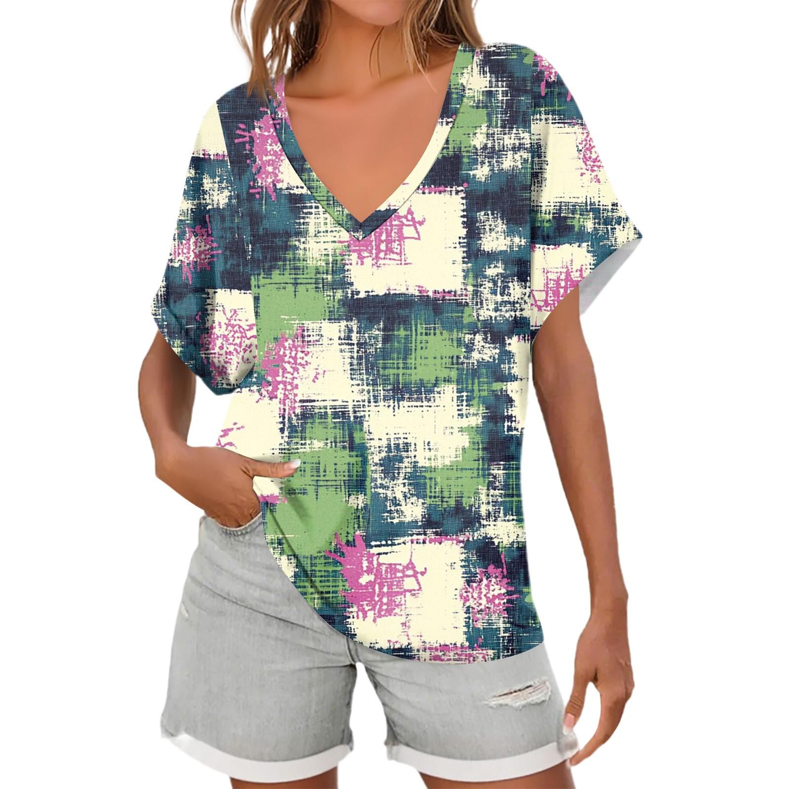 

Женские рубашки с коротким рукавом и V-образным вырезом, с цветочным принтом, свободные повседневные футболки, летние топы M зелёный