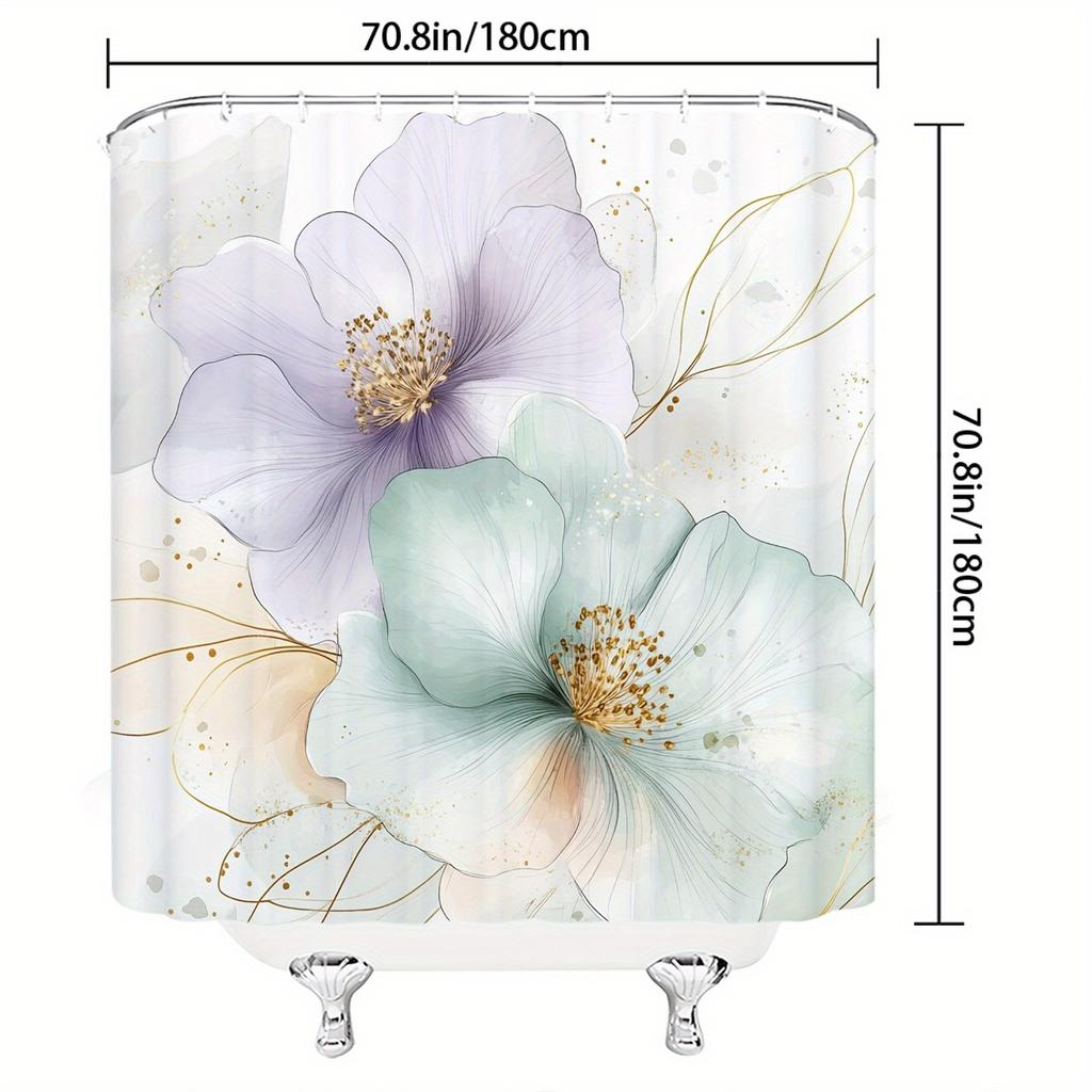Lavender & Blue-Green Flowers Bath Curtain - Golden Accents, Soft Dreamy Design, 12 Hooks, Polyester, Machine Washable