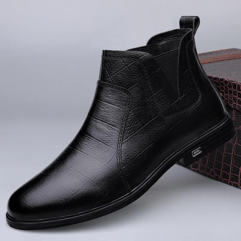 Fashion Warm Plush Fur Men Dress Boots Fashion Chelsea Boots Business Genuine Leather Casual Shoes British Style Short Boots Ankle Botas