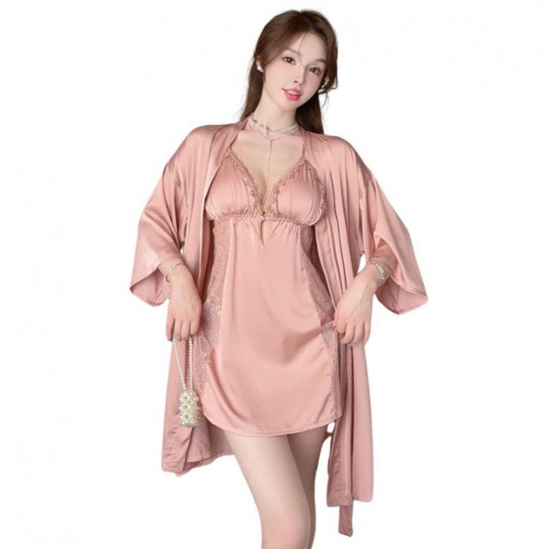 1011 New Sexy Ice Silk Pajama Dress Women's Chest Pad Suspender Pajama Lace V-Neck Satin Pajama Homewear