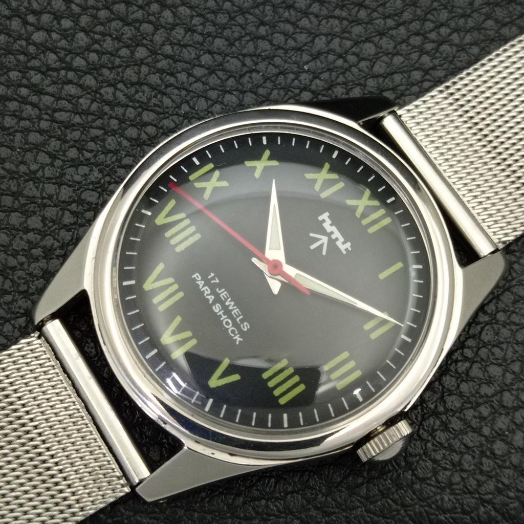VINTAGE HMT HANDAUFZUG INDISCHE HERREN RÖMISCHE ZIFFERN SCHWARZES ZIFFERBLATT UHR a702846-1