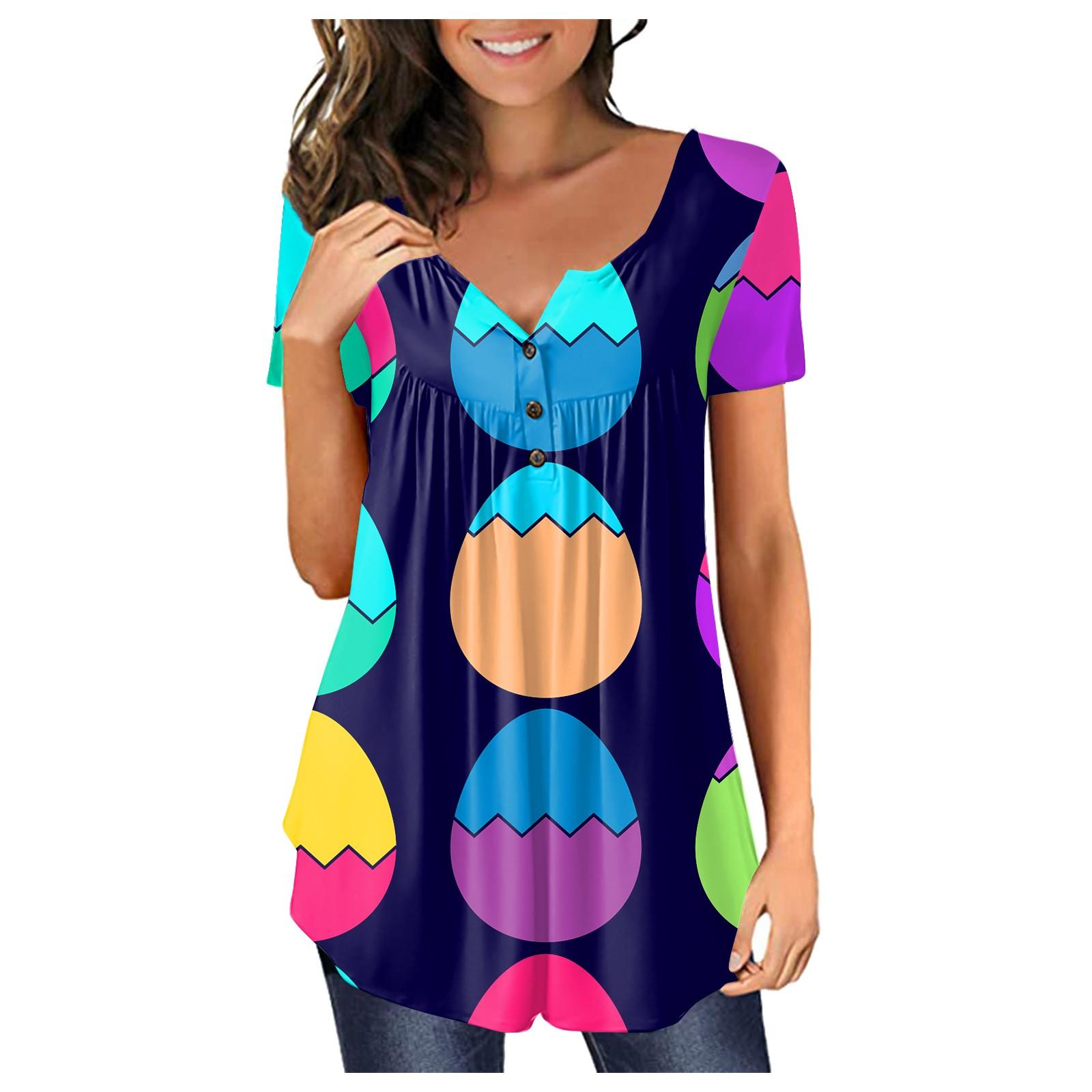 

Women s Fashion Casual Easter Print Button-down Short Sleeve T-shirt Casual Top XXXXL синий