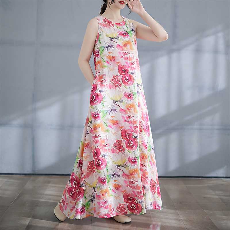 New Boho Long Dress Summer New Style Add Fat To Increase Sleeveless Crew-neck Print Dress