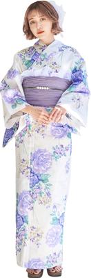 Dita Yukata Set mit lila und weißen Rosenblumenmuster Groß Einfach selbst anzuziehen Rosen des freien Frauen 5-teiliges Obi, Design, Ausgefallen, Mädchenhaft,