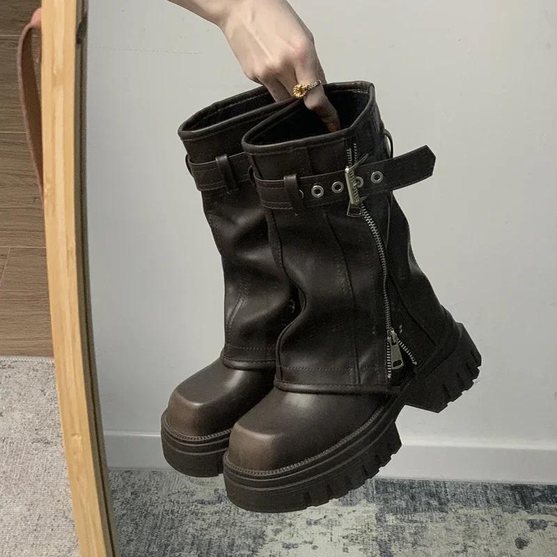 Women's Mid-Calf Boots Fashion Belt Buckle Ladies Shoes Women's Knight Booties Elegant Platform Flats Short Booties Casual Shoes