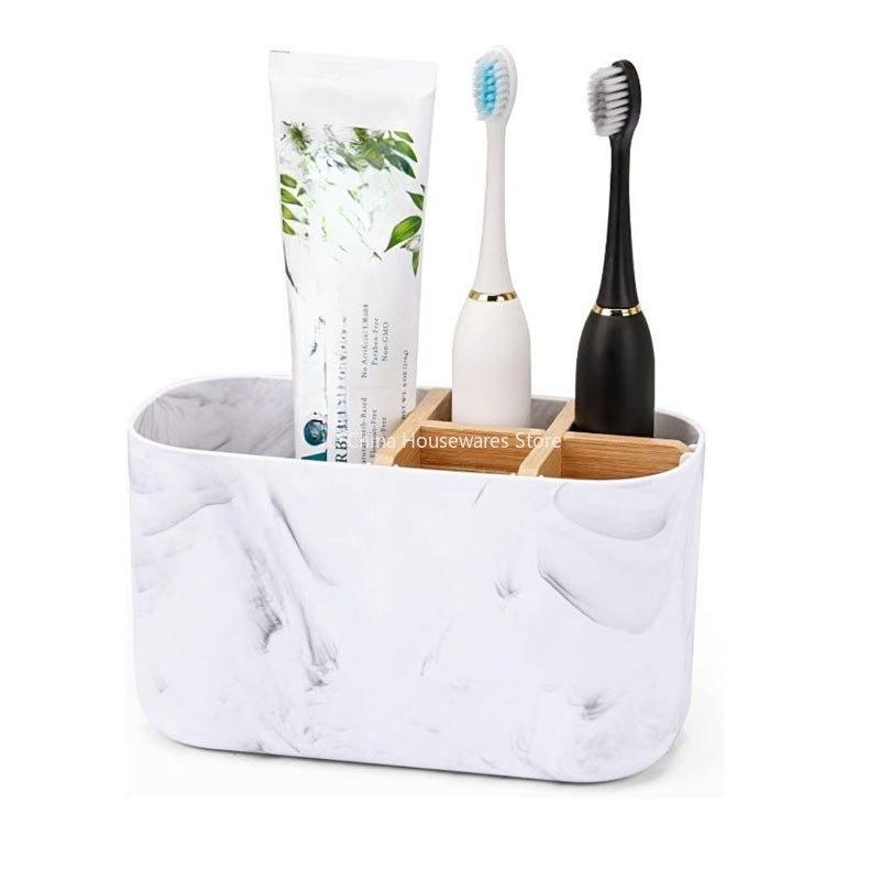 Bamboo Toothbrush Holder for Electric Toothbrushes - 5 Slot Bathroom Counter Organizer with Toothpaste Compartment