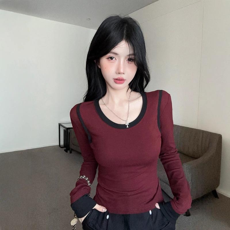 Ins Sexy Spice Crew Neck Matching Color Long-sleeved T-shirt Autumn New All-fit Slimming Pullover Base Shirt Top
