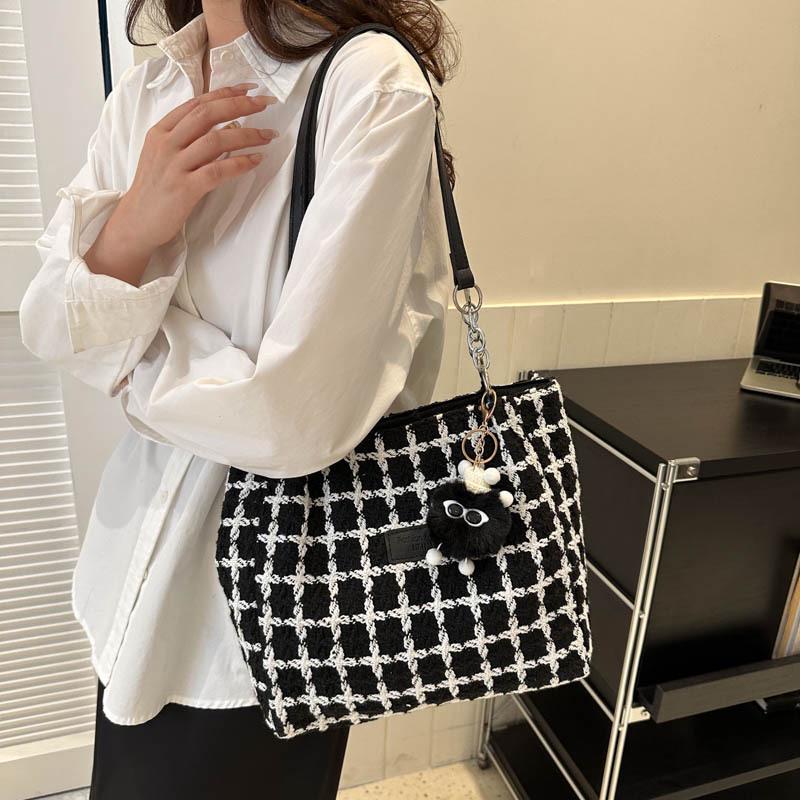 2023 Karierter Woll-Tote: Herbst/Winter Damen Vielseitige Schulter-Eimer-Tasche, Große Kapazität