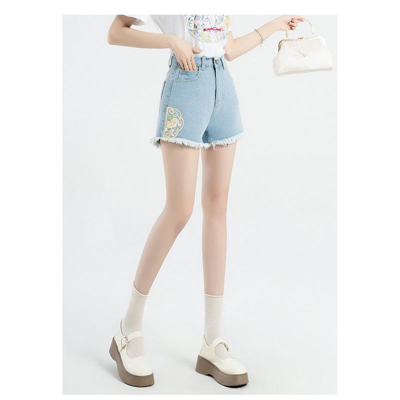 Summer New Denim Shorts New Chinese Style National Style High Waist Women's Personalized Embroidered National Trend A-line Hot Pants