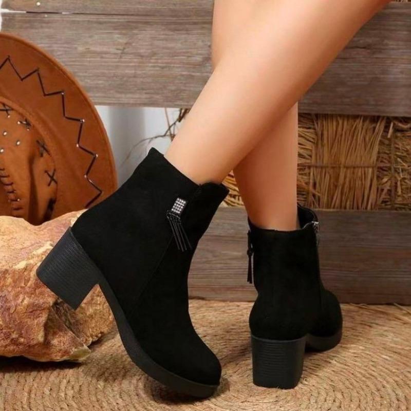 New Cow Suede Booties Fashion Round Toe Side Zipper Rhinestone Buckle Soft Sole Non-slip Wear-resistant Block Heel Shoes